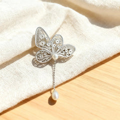 Intangible Cultural Heritage Silver Filigree Butterfly Brooch with Chain Pearl Pendant Accessory - YHS-ICH