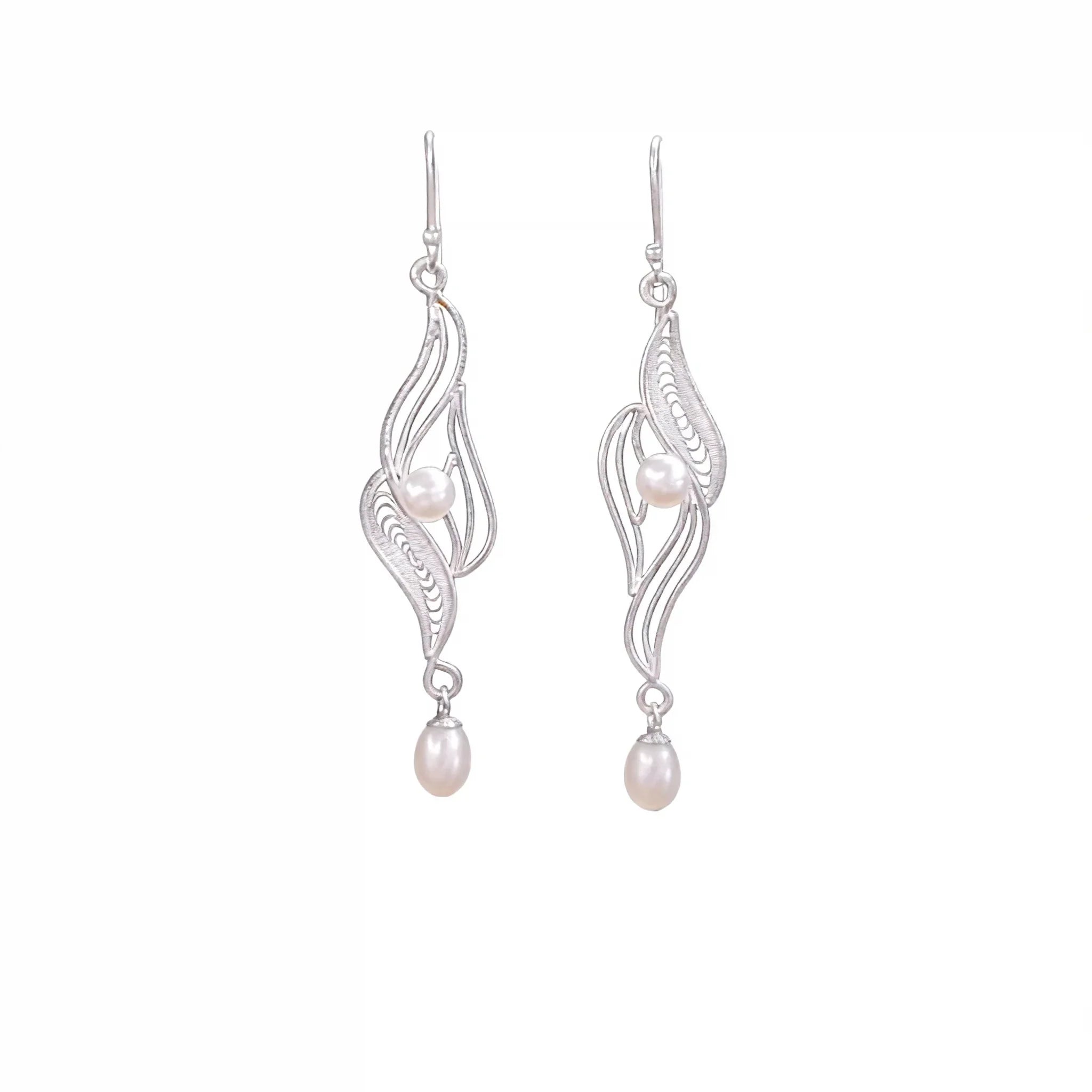 Chinese Intangible Heritage Silver Filigree Earrings with Freshwater Pearls - YHS-ICH