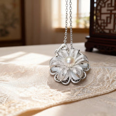 Chinese Intangible Heritage Silver Filigree Necklace with Pearl Flower Pendant - YHS-ICH