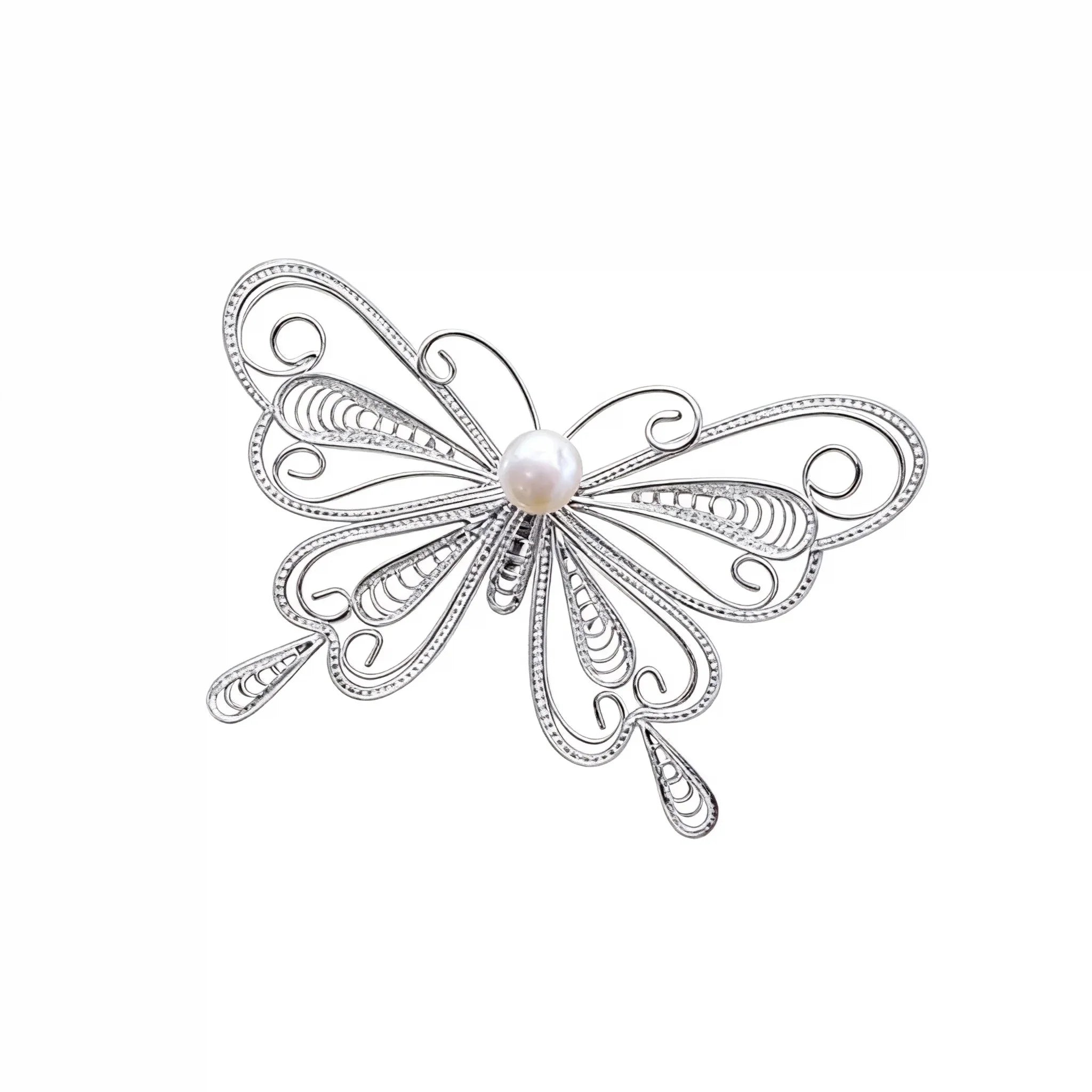 Chinese Silver Filigree Heritage Butterfly Brooch with Pearl 5cm Width Exquisite Handmade Jewelry - YHS-ICH