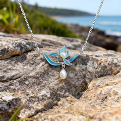 Chinese Silver Filigree ICH Necklace with Blue Enamel Flower & Pearl Pendant - YHS-ICH