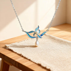 Chinese Silver Filigree ICH Necklace with Blue Enamel Flower & Pearl Pendant - YHS-ICH