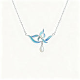 Chinese Silver Filigree ICH Necklace with Blue Enamel Flower & Pearl Pendant - YHS-ICH