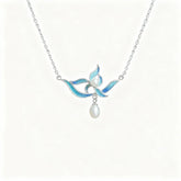 Chinese Silver Filigree ICH Necklace with Blue Enamel Flower & Pearl Pendant - YHS-ICH