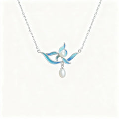 Chinese Silver Filigree ICH Necklace with Blue Enamel Flower & Pearl Pendant - YHS-ICH