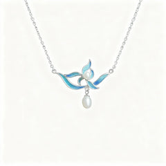 Chinese Silver Filigree ICH Necklace with Blue Enamel Flower & Pearl Pendant - YHS-ICH