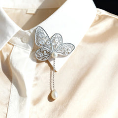 Intangible Cultural Heritage Silver Filigree Butterfly Brooch with Chain Pearl Pendant Accessory - YHS-ICH