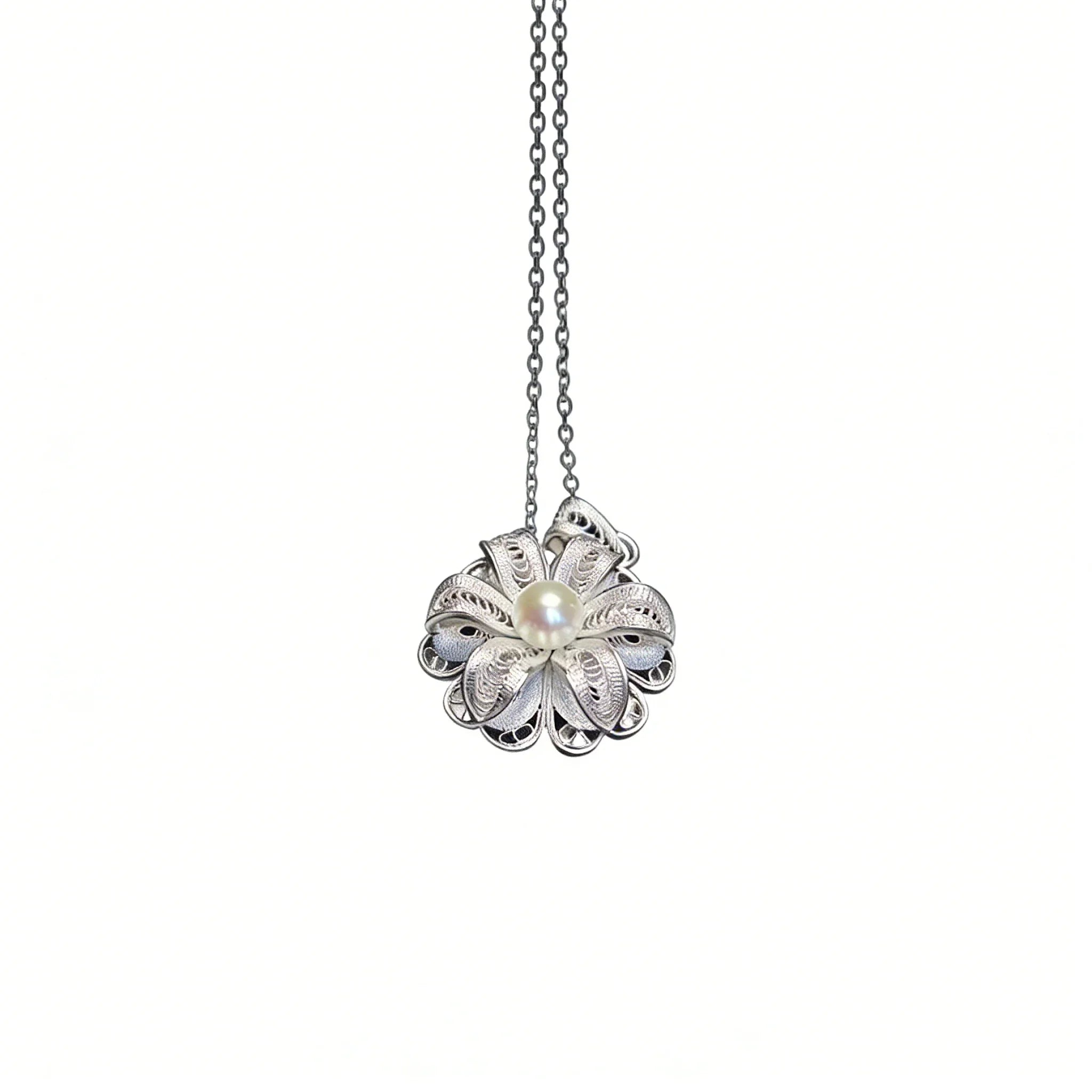 Chinese Intangible Heritage Silver Filigree Necklace with Pearl Flower Pendant - YHS-ICH
