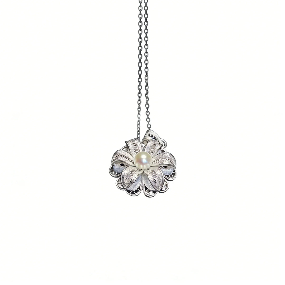 Chinese Intangible Heritage Silver Filigree Necklace with Pearl Flower Pendant - YHS-ICH