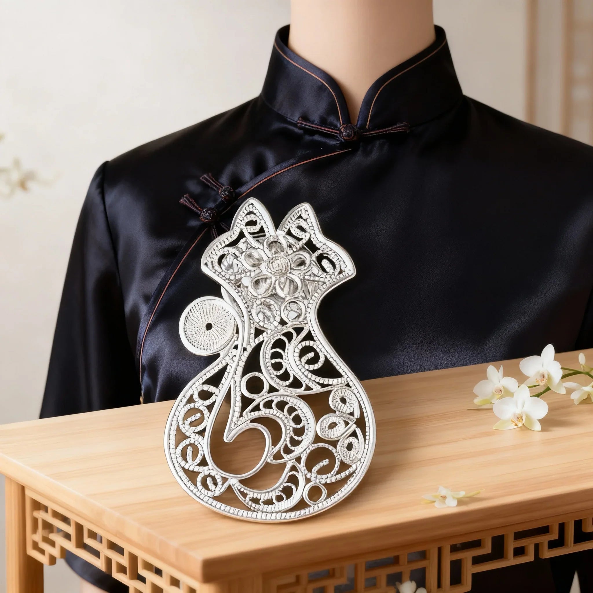 Chinese Silver Filigree Intangible Heritage Cat - Shaped Openwork Brooch - YHS-ICH