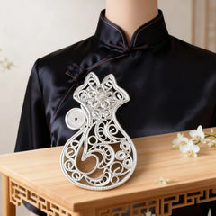 Chinese Silver Filigree Intangible Heritage Cat - Shaped Openwork Brooch - YHS-ICH