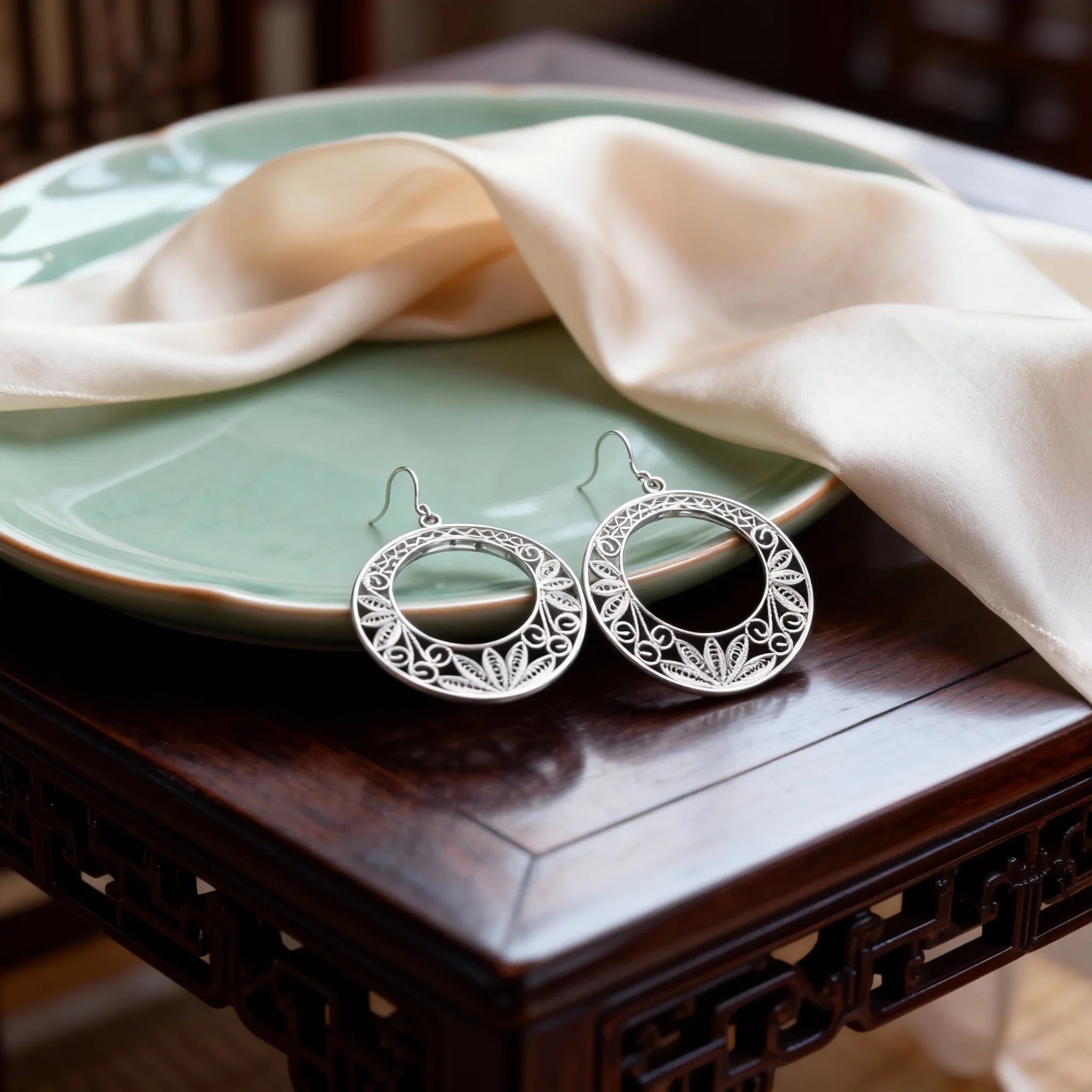 Chinese Intangible Cultural Heritage Silver Filigree Ornate Circular Earrings - YHS-ICH
