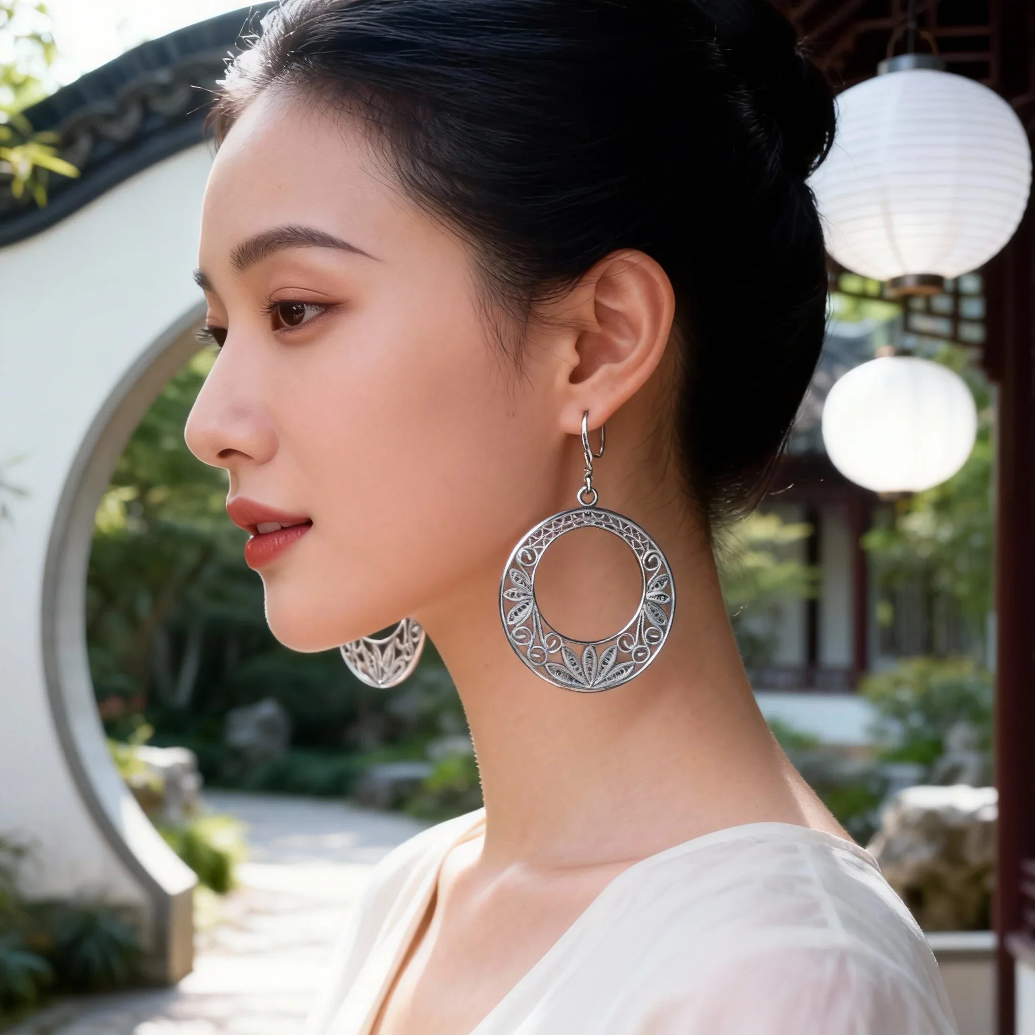 Chinese Intangible Cultural Heritage Silver Filigree Ornate Circular Earrings - YHS-ICH