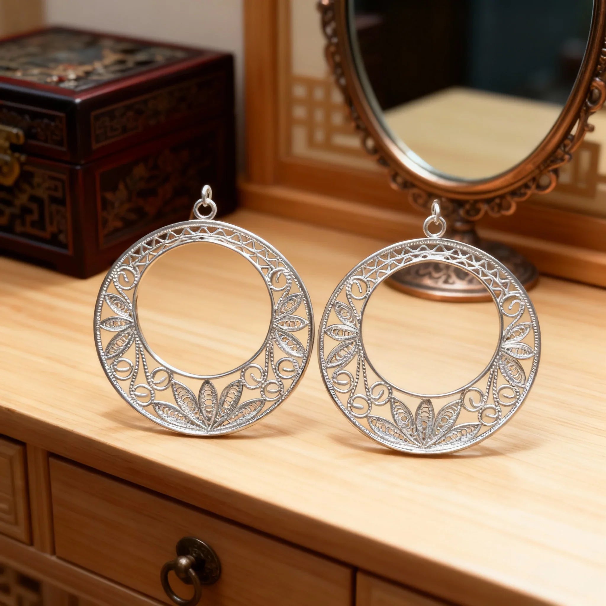 Chinese Intangible Cultural Heritage Silver Filigree Ornate Circular Earrings - YHS-ICH