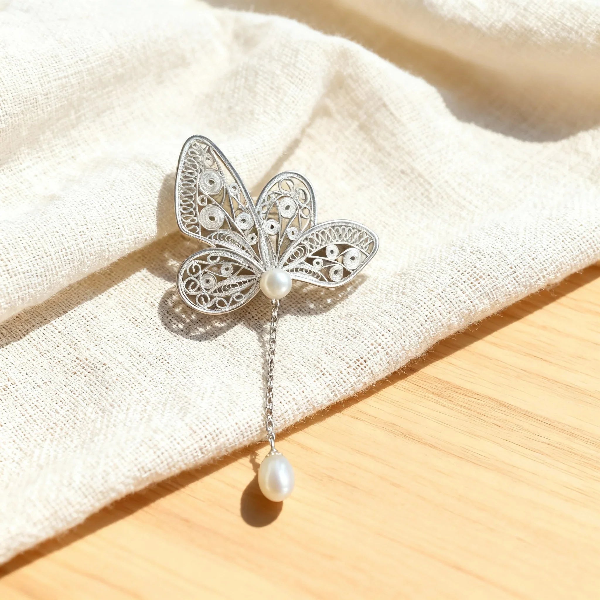 Intangible Cultural Heritage Silver Filigree Butterfly Brooch  with Chain Pearl Pendant Accessory - YHS-ICH