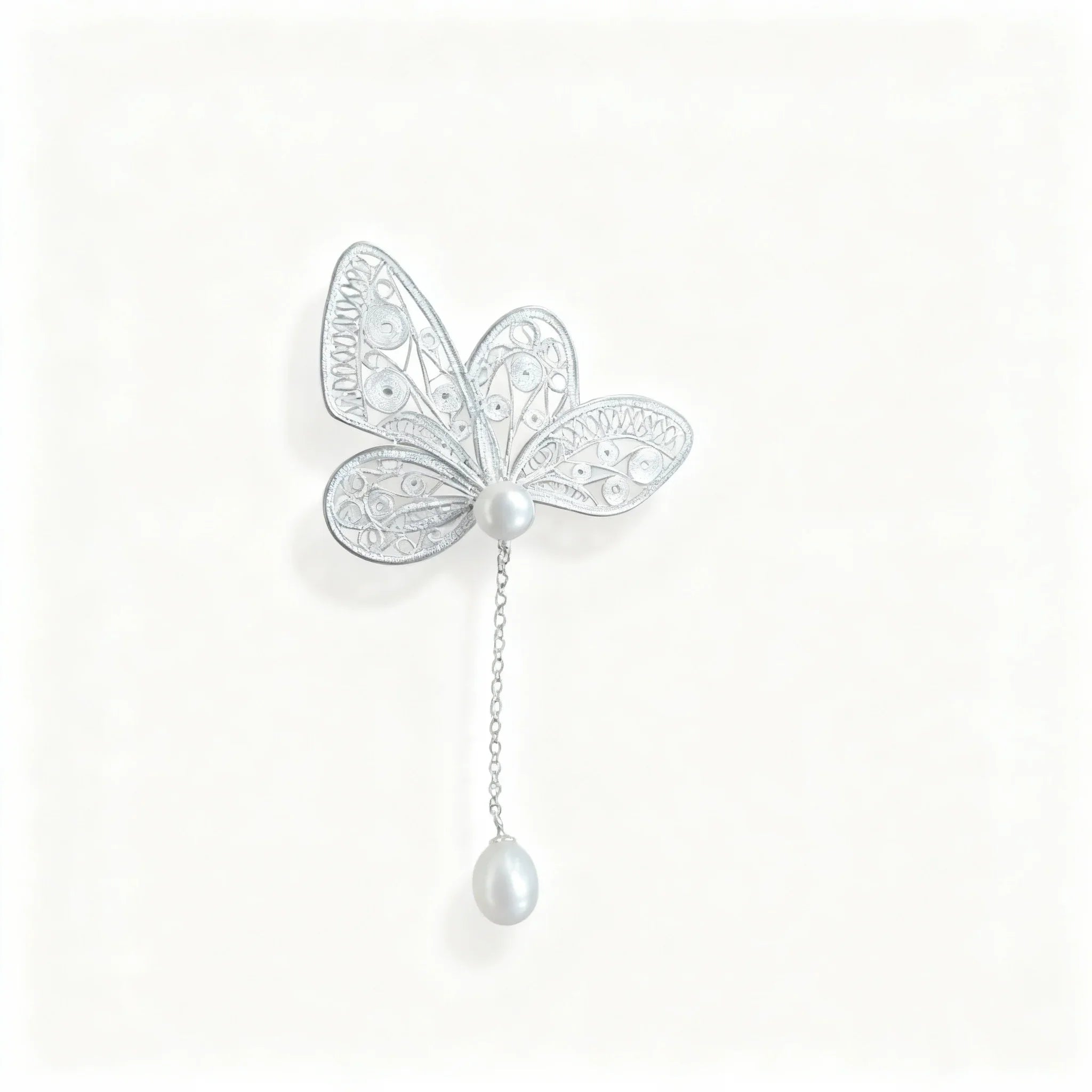 Intangible Cultural Heritage Silver Filigree Butterfly Brooch  with Chain Pearl Pendant Accessory - YHS-ICH