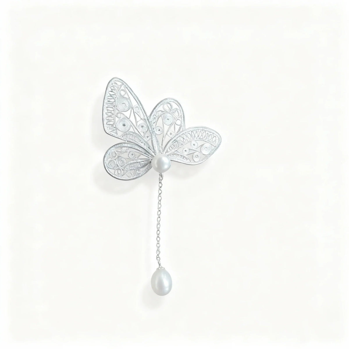 Intangible Cultural Heritage Silver Filigree Butterfly Brooch  with Chain Pearl Pendant Accessory - YHS-ICH