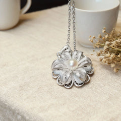 Chinese Intangible Heritage Silver Filigree Necklace with Pearl Flower Pendant - YHS-ICH