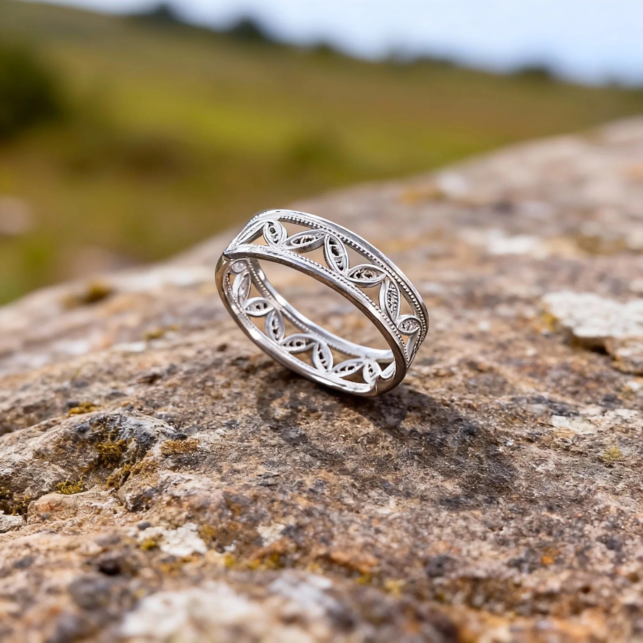 Chinese ICH Sterling Silver Filigree Ring, Open Adjustable Filigree Leaf Pattern - YHS-ICH