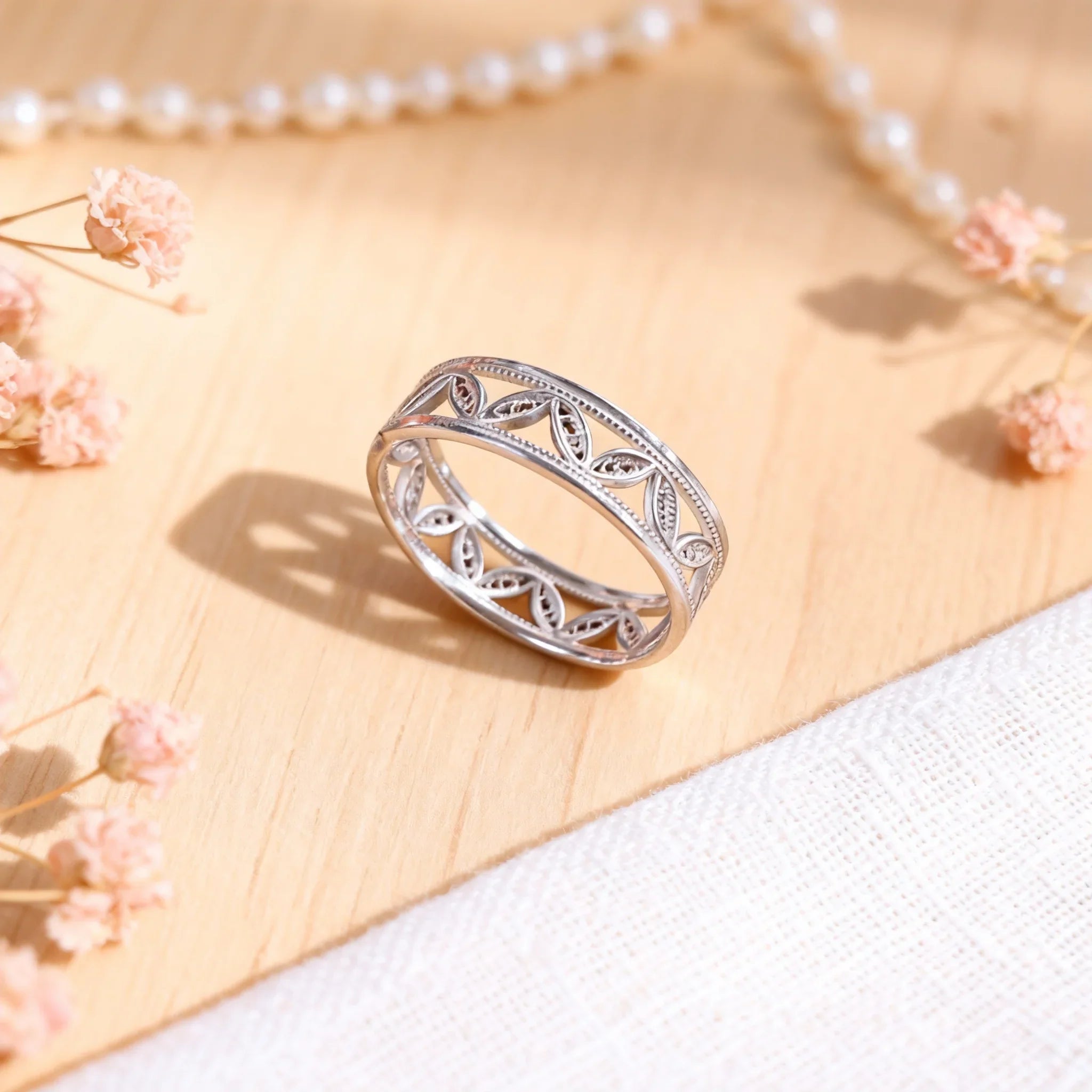 Chinese ICH Sterling Silver Filigree Ring, Open Adjustable Filigree Leaf Pattern - YHS-ICH