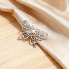 Chinese Silver Filigree Heritage Butterfly Brooch with Pearl 5cm Width Exquisite Handmade Jewelry - YHS-ICH