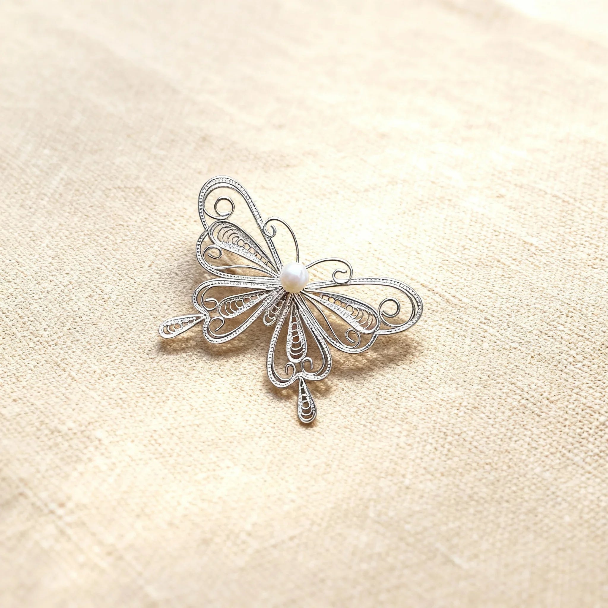 Chinese Silver Filigree Heritage Butterfly Brooch with Pearl 5cm Width Exquisite Handmade Jewelry - YHS-ICH