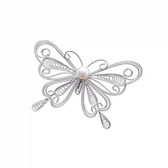 Chinese Silver Filigree Heritage Butterfly Brooch with Pearl 5cm Width Exquisite Handmade Jewelry - YHS-ICH
