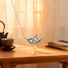 Chinese Silver Filigree ICH Necklace with Blue Enamel Flower & Pearl Pendant - YHS-ICH