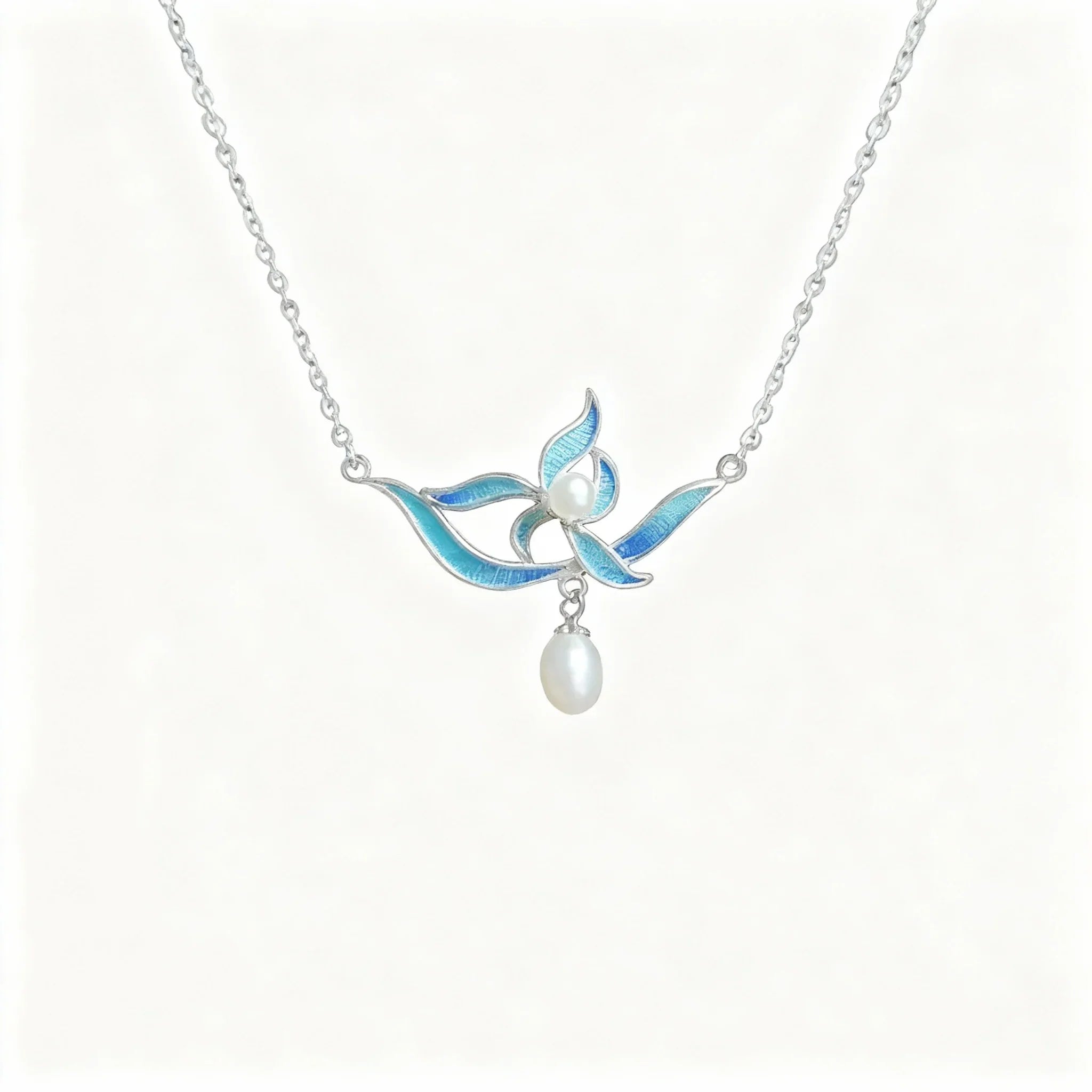 Chinese Silver Filigree ICH Necklace with Blue Enamel Flower & Pearl Pendant - YHS-ICH