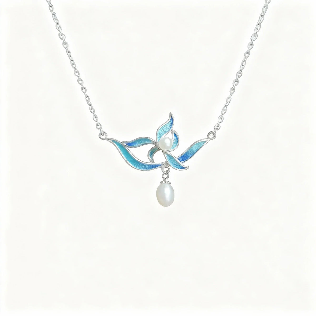 Chinese Silver Filigree ICH Necklace with Blue Enamel Flower & Pearl Pendant - YHS-ICH