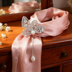 Intangible Cultural Heritage Silver Filigree Butterfly Brooch  with Chain Pearl Pendant Accessory - YHS-ICH